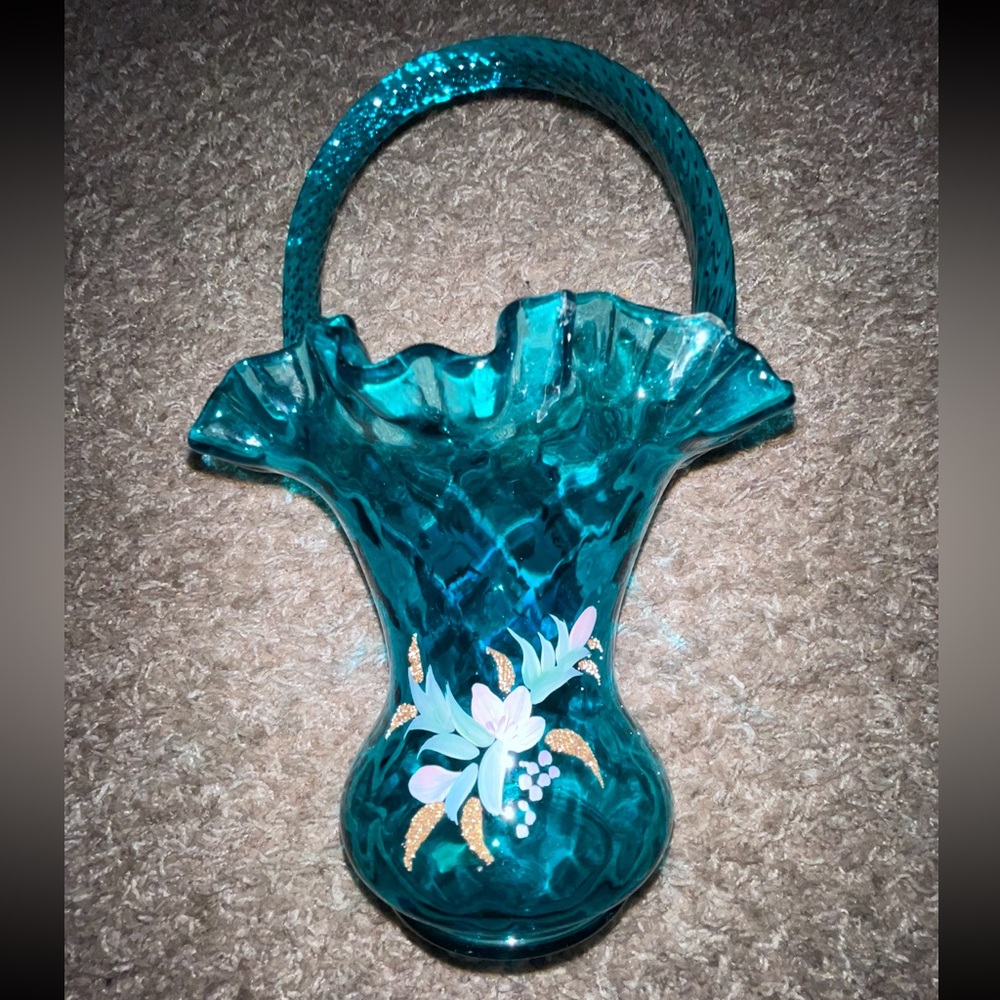Fenton Teal Blue Green Hand Painted Signed Basket